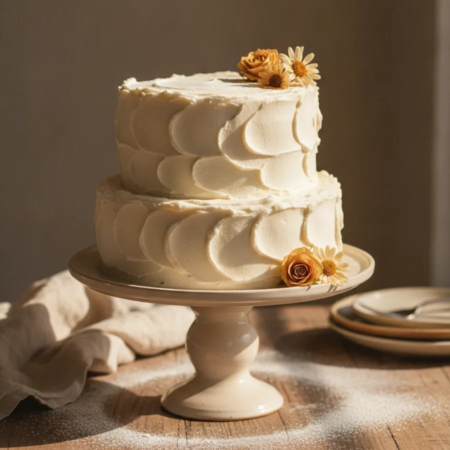 A two-layer buttercream celebration cake with edible flowers on a cream cake stand