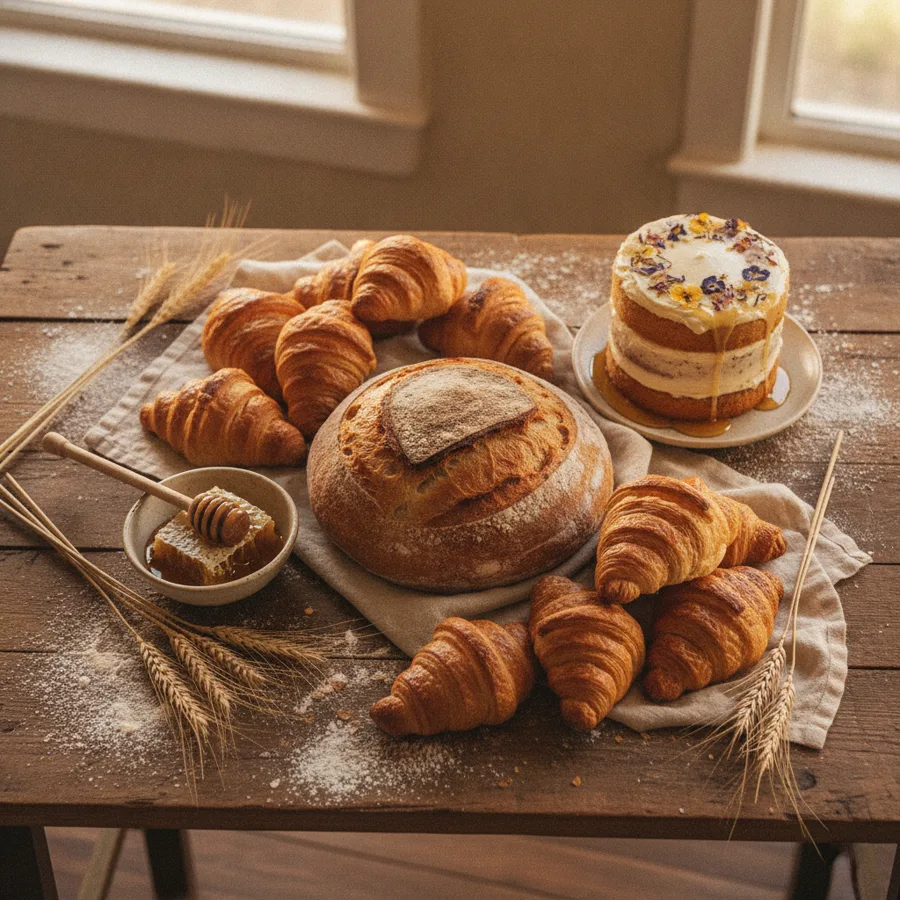An overhead spread of Honeywheel's sourdough boule, croissants, and a small layer cake on a flour-dusted table