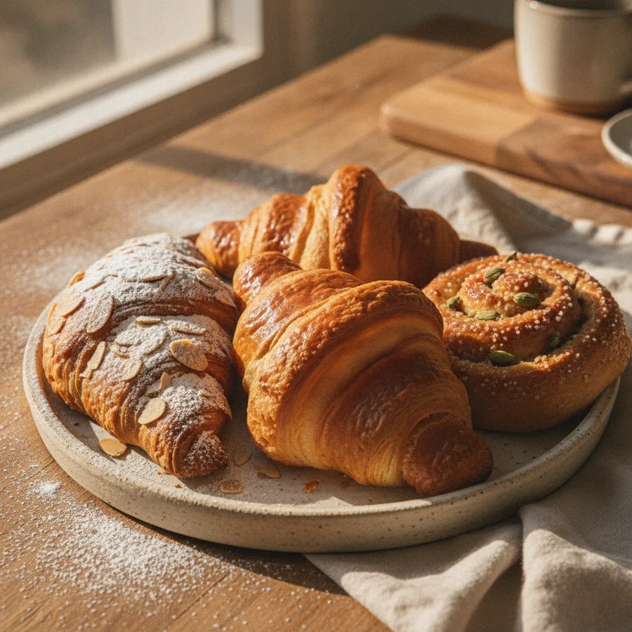 Golden butter croissants, an almond croissant, and a cardamom morning bun on a cream plate