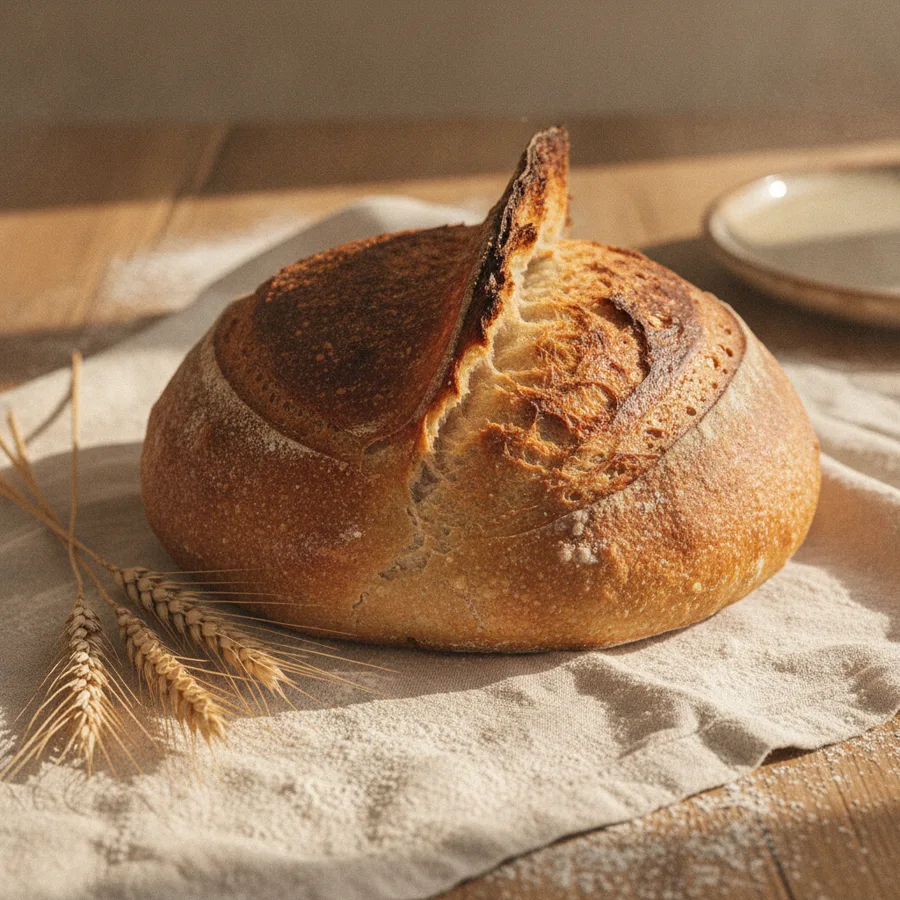 A rustic naturally-leavened sourdough boule with a scored ear on a floured linen cloth